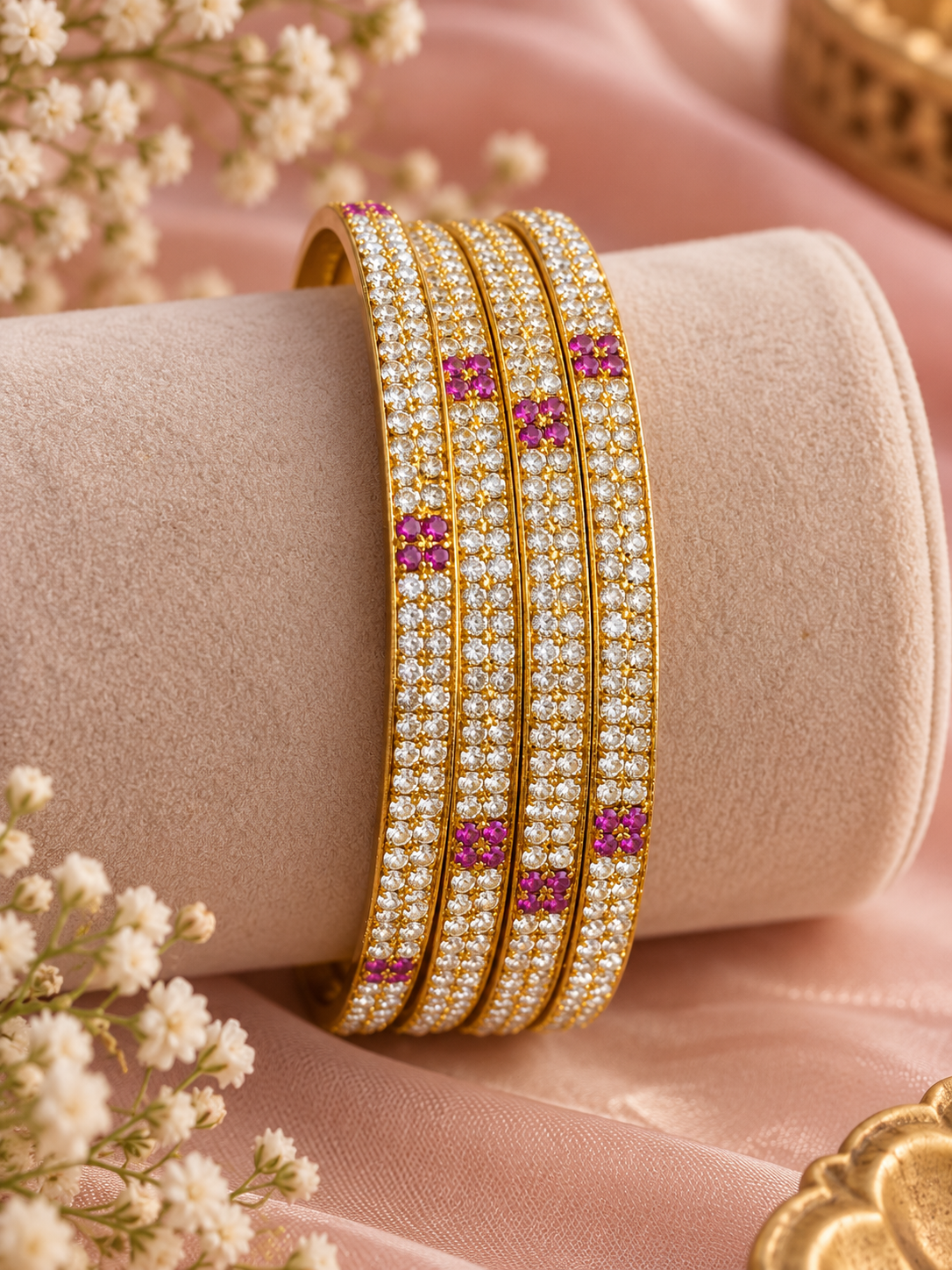 Ruby Blossom Gold Finish Stone Bangles ❤️