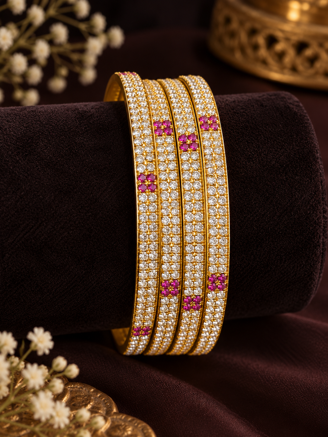 Ruby Blossom Gold Finish Stone Bangles ❤️