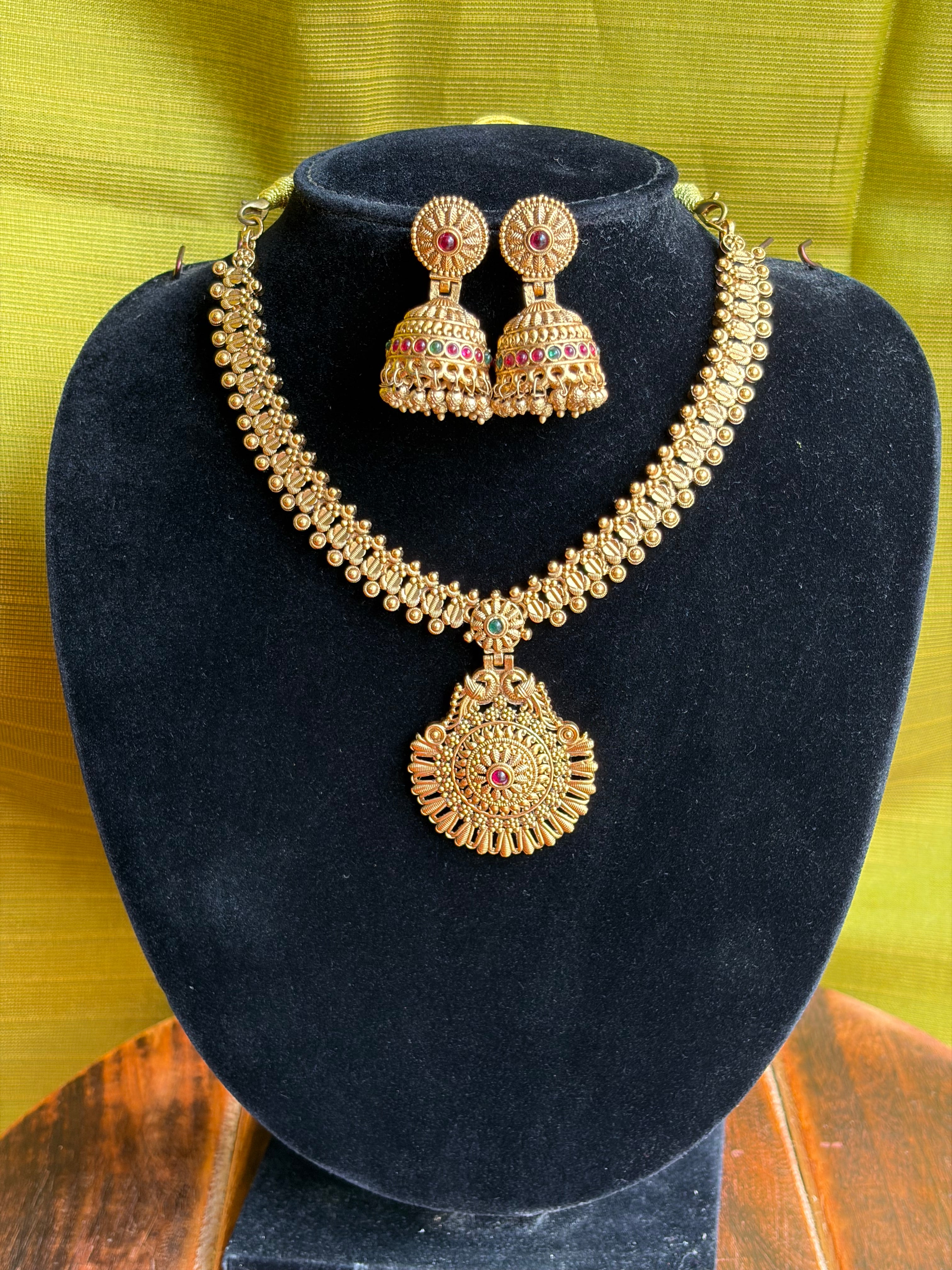 Royal Antique Temple Necklace Set with Jhumka Earrings