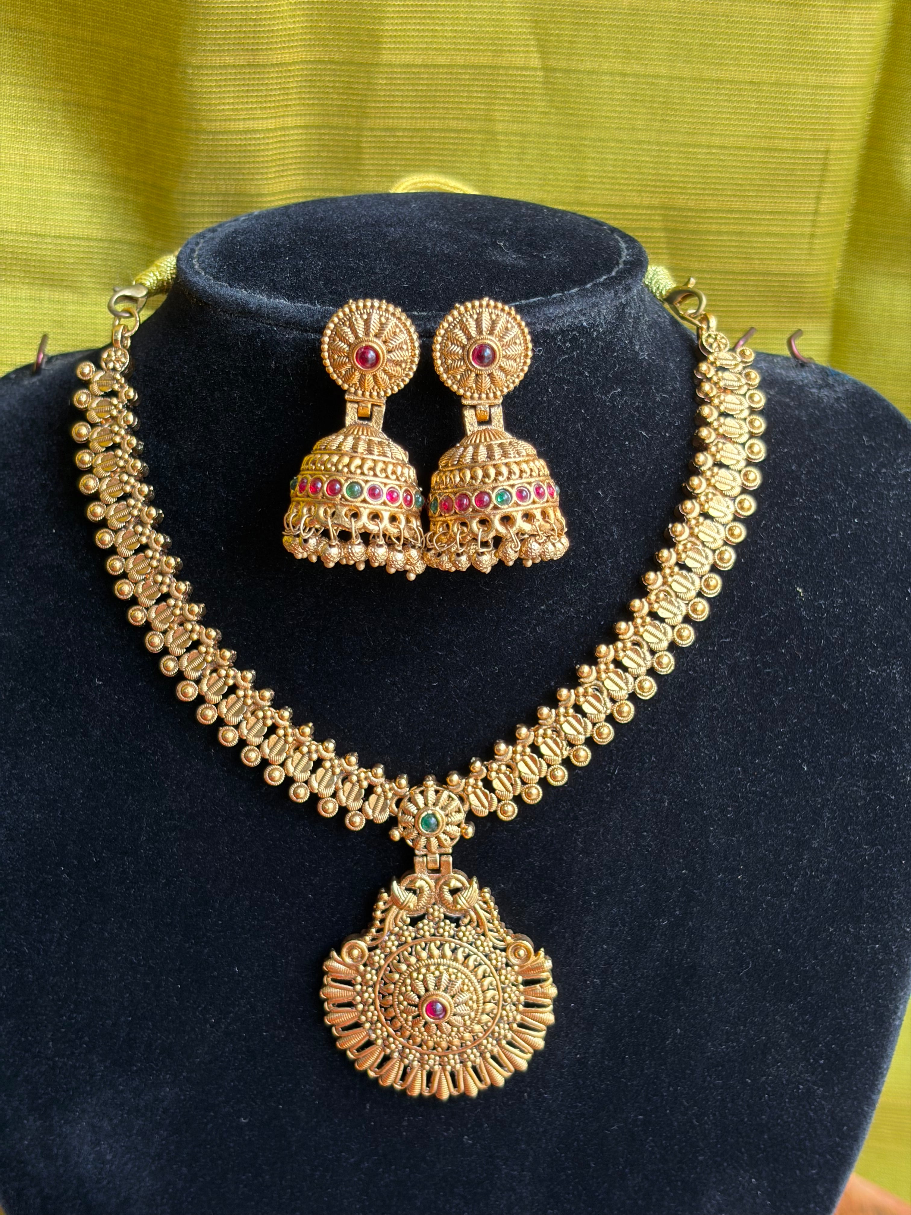 Royal Antique Temple Necklace Set with Jhumka Earrings