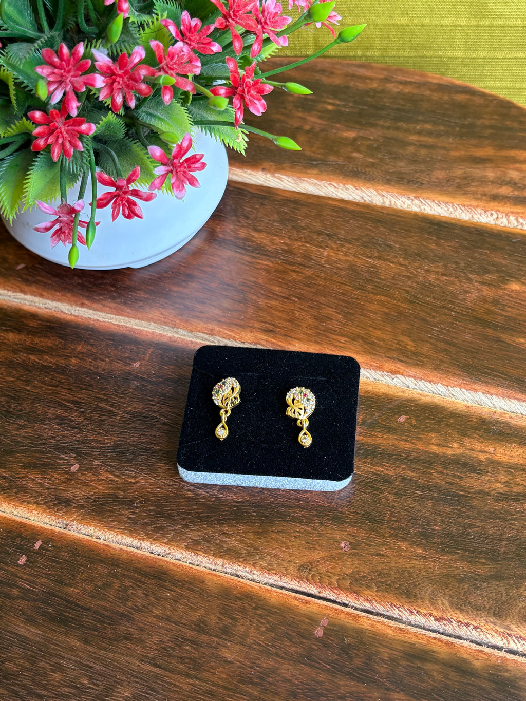Golden Crystal Drop Stud Earrings – Lightweight Daily Wear