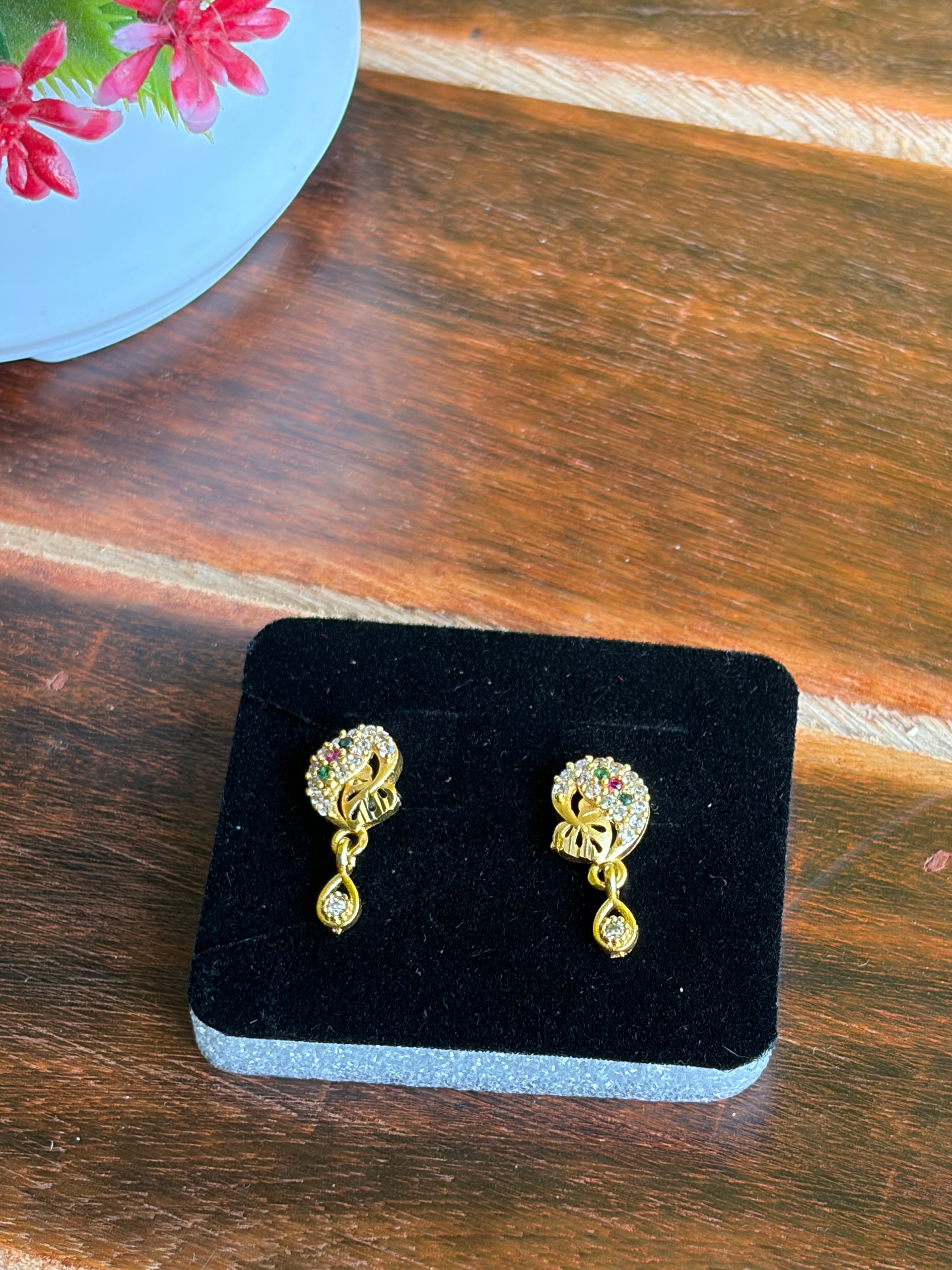 Golden Crystal Drop Stud Earrings – Lightweight Daily Wear