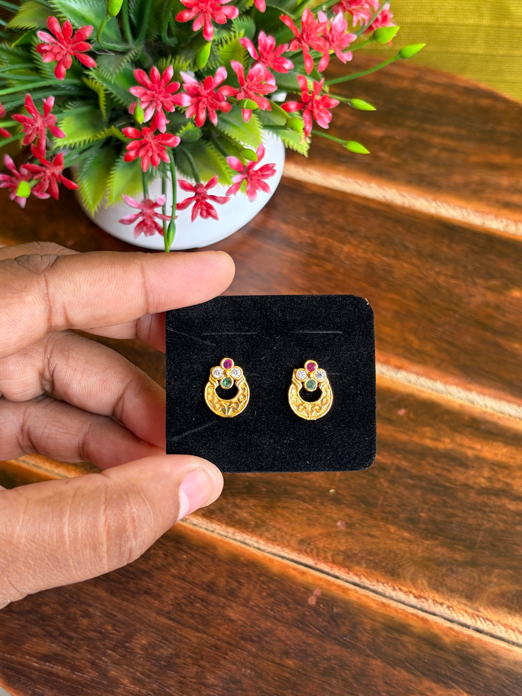 Elegant Navaratna Inspired Gold-Tone Stud Earrings