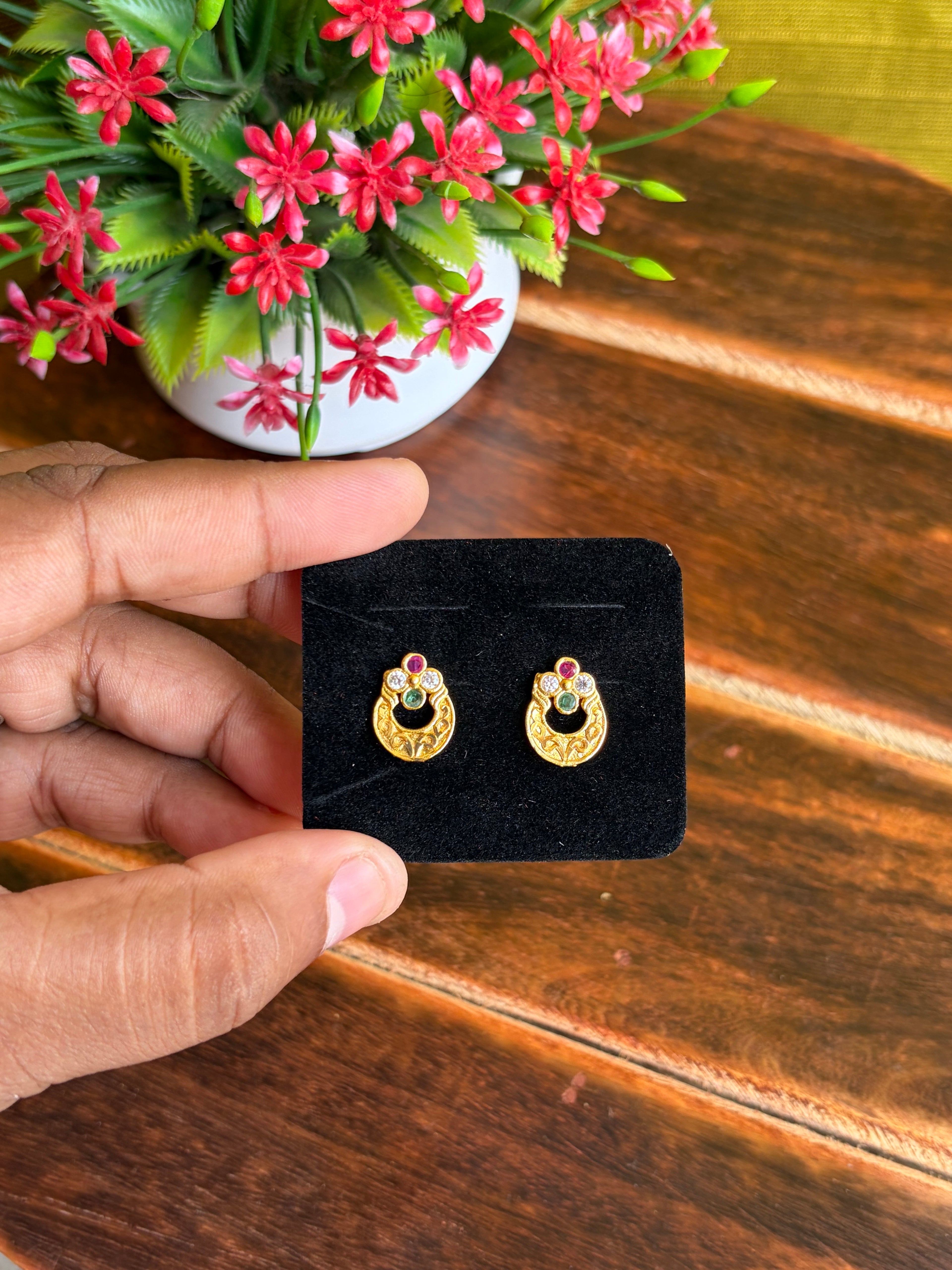 Elegant Navaratna Inspired Gold-Tone Stud Earrings