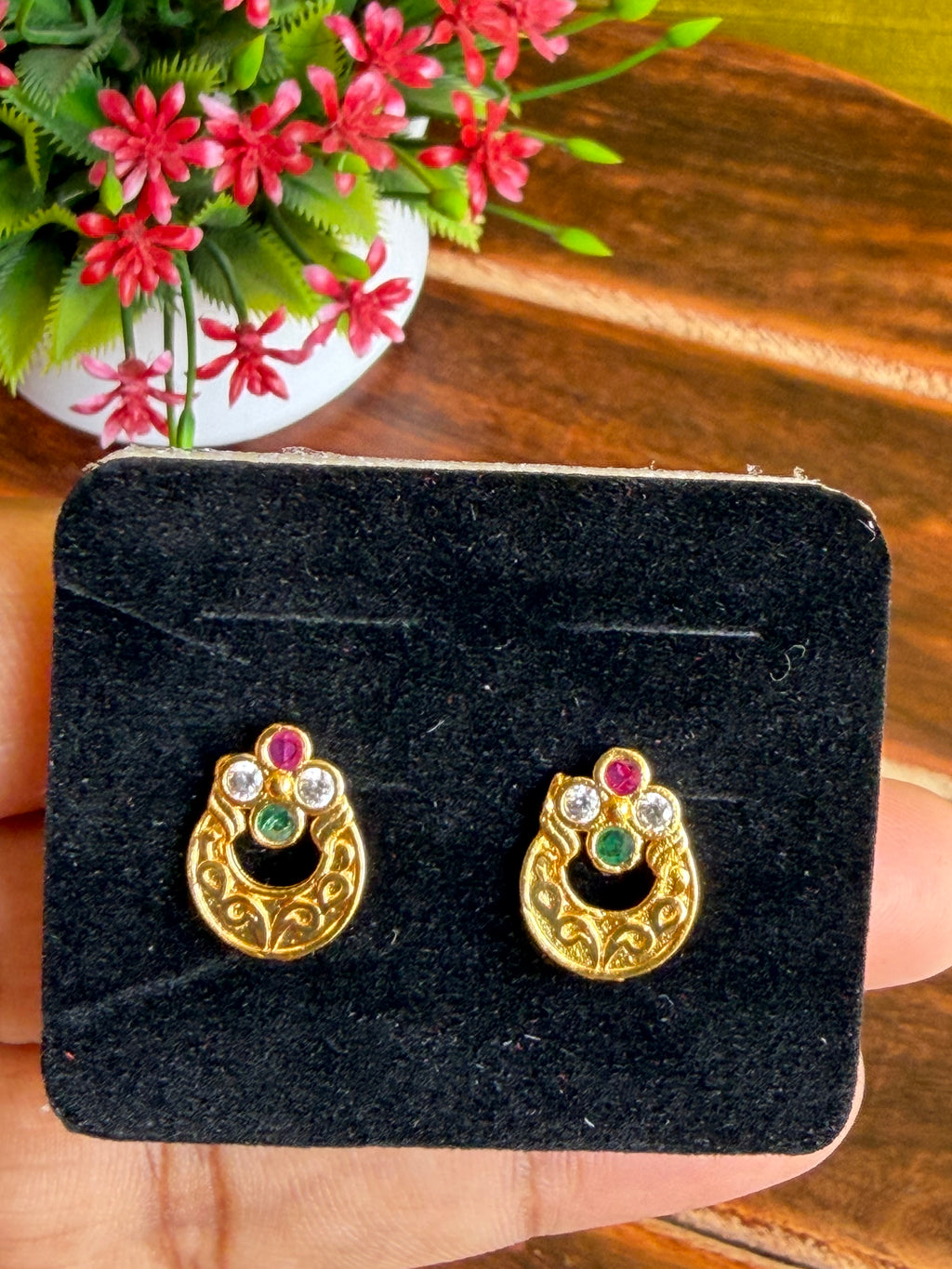 Elegant Navaratna Inspired Gold-Tone Stud Earrings