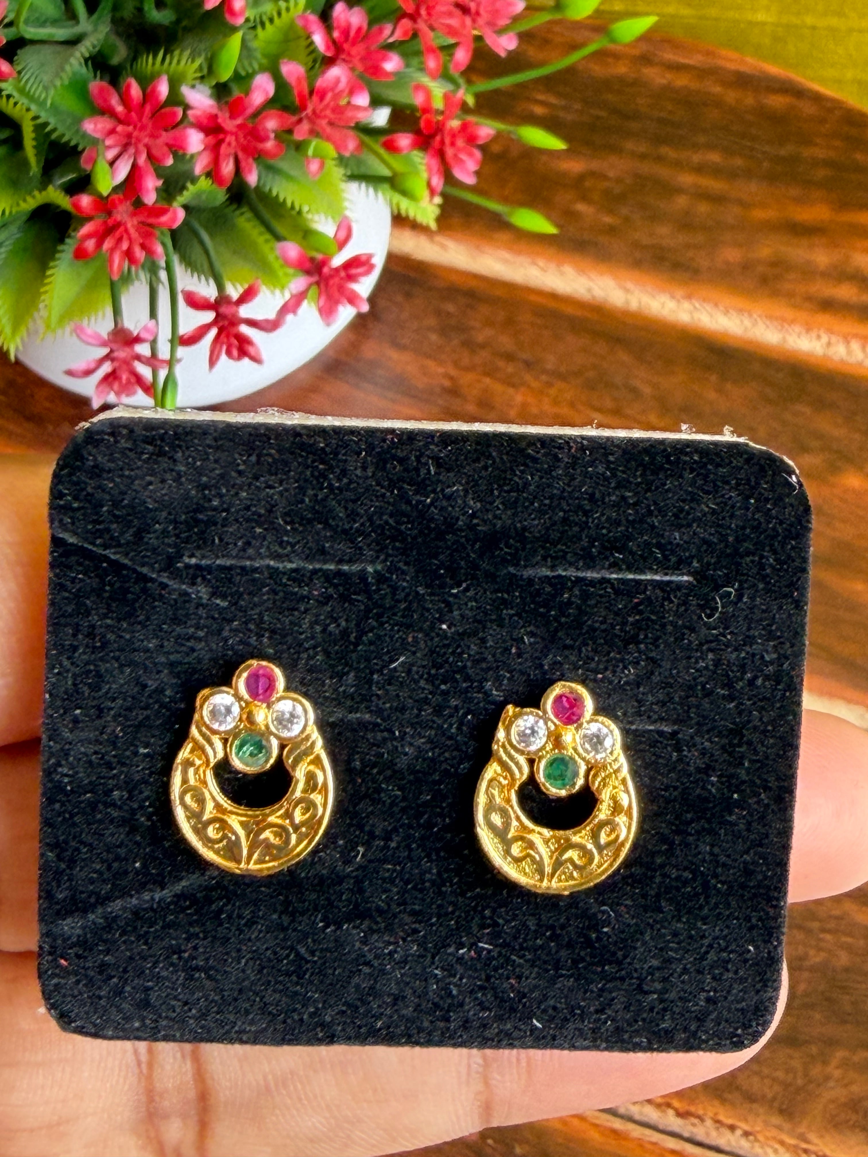 Elegant Navaratna Inspired Gold-Tone Stud Earrings
