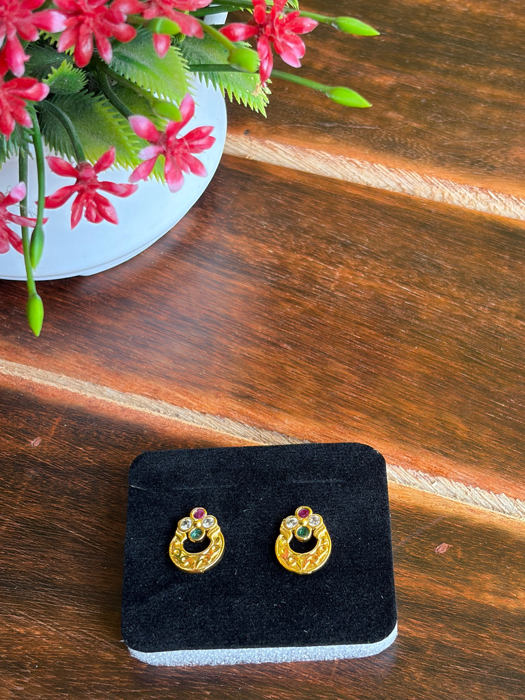 Elegant Navaratna Inspired Gold-Tone Stud Earrings
