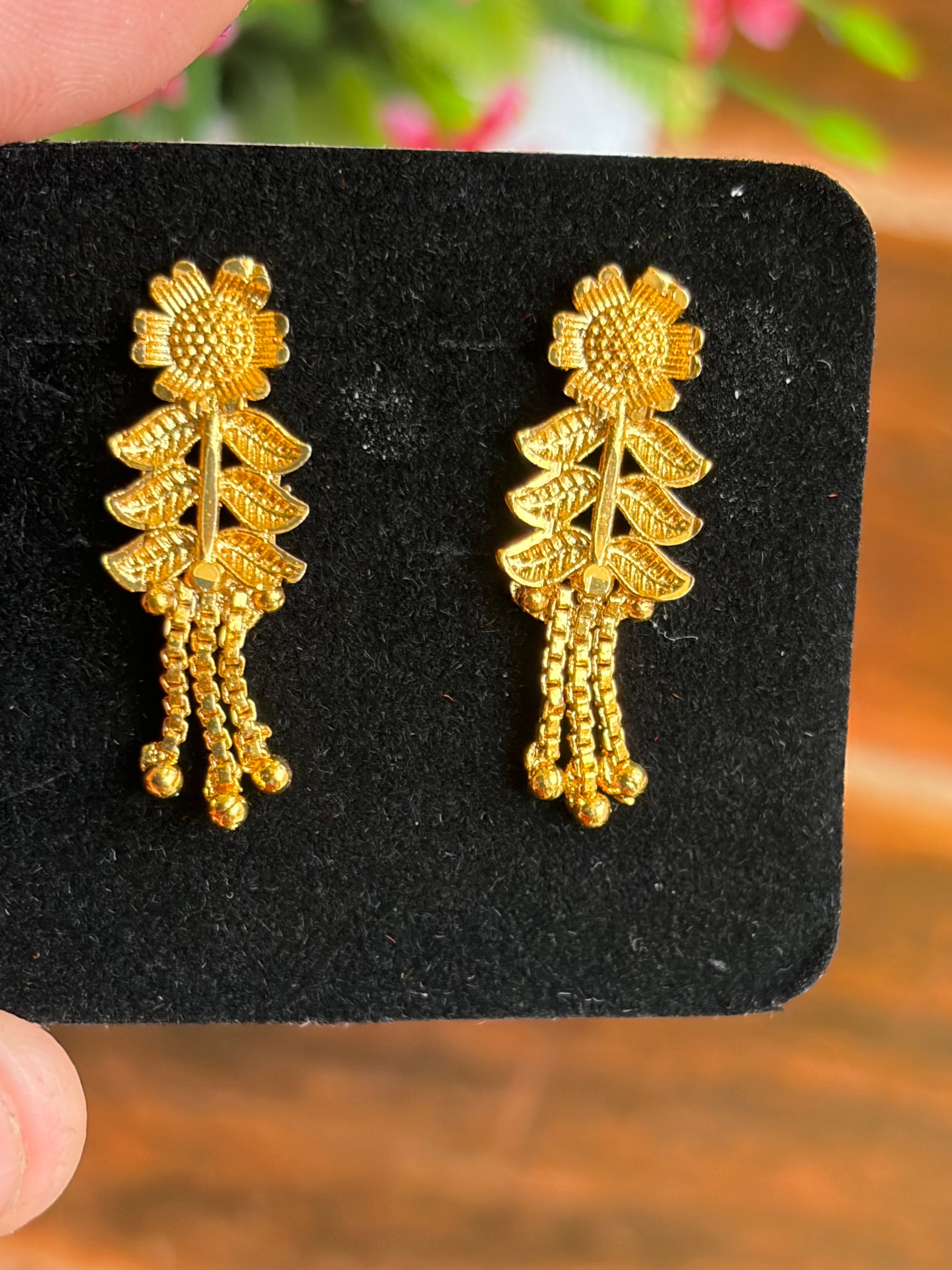 Golden Sunflower Leaf Drop Earrings