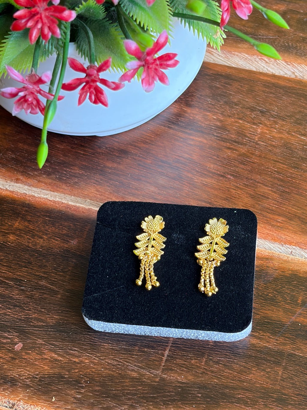 Golden Sunflower Leaf Drop Earrings