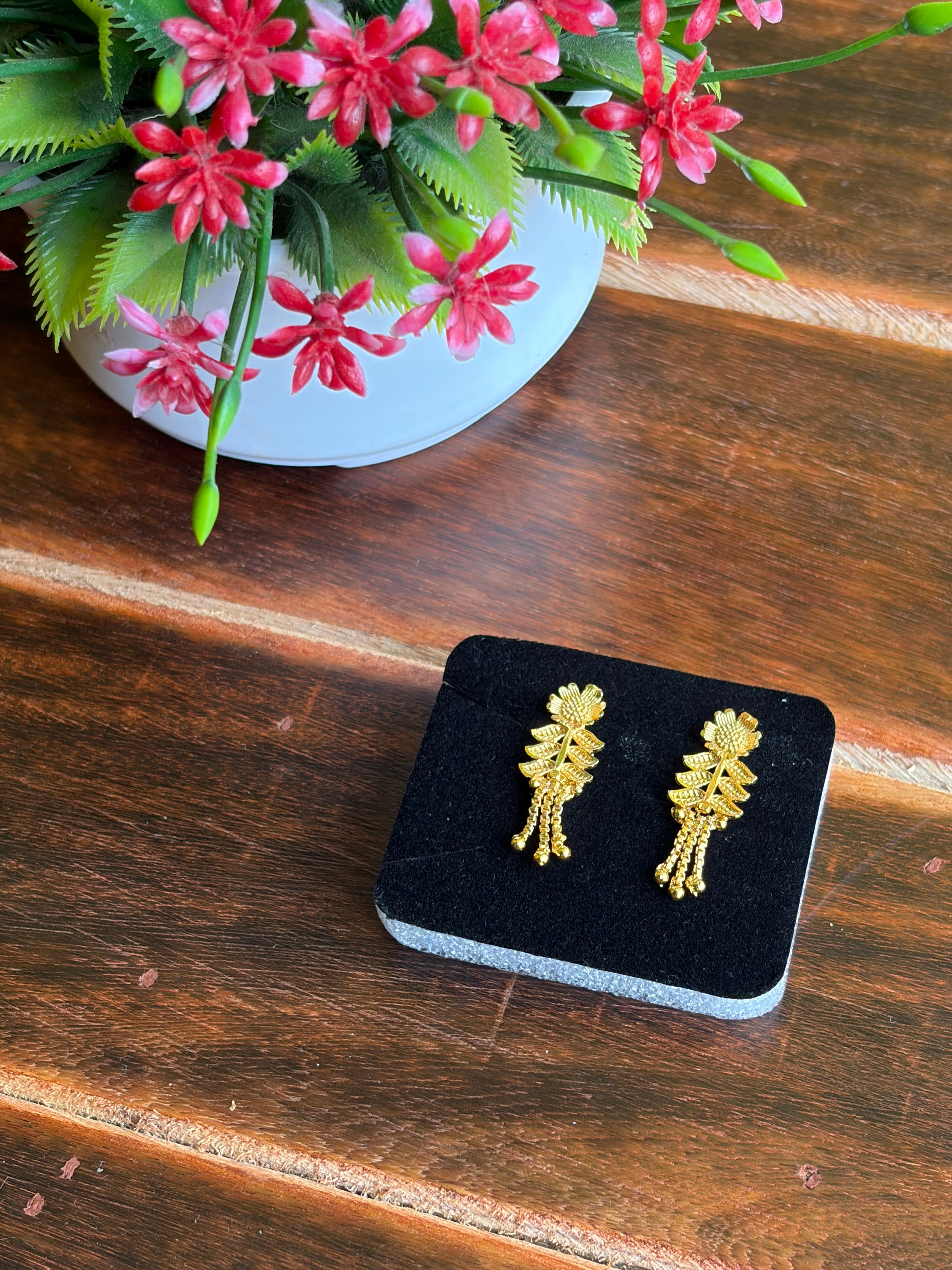 Golden Sunflower Leaf Drop Earrings