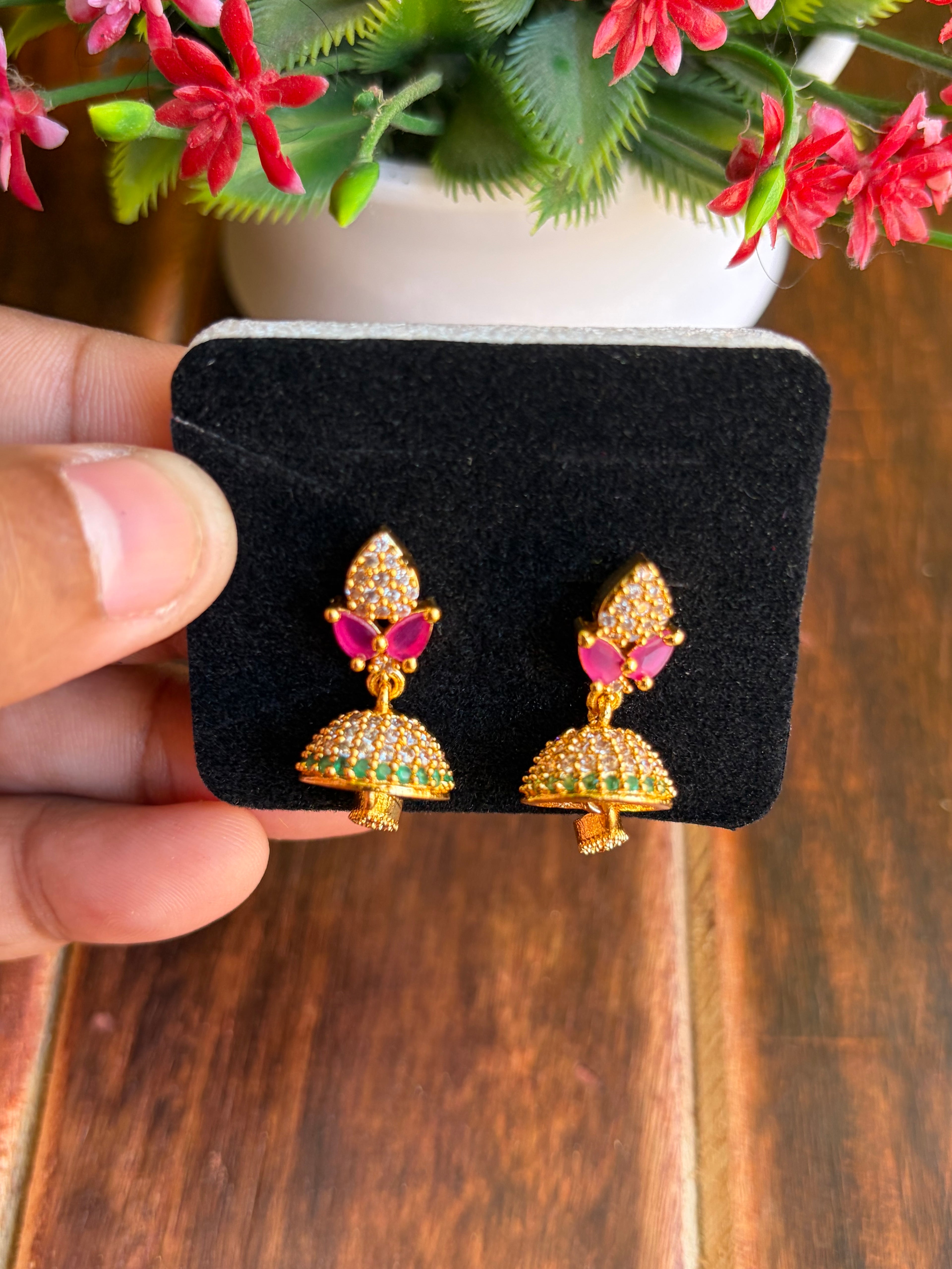 Elegant Pink & Green Stone Jhumka Earrings