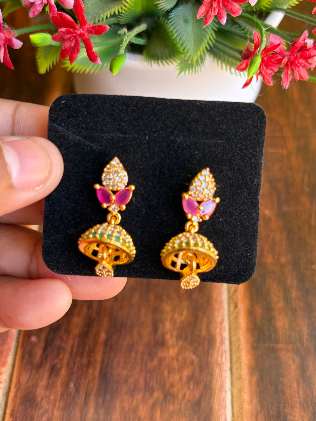 Elegant Pink & Green Stone Jhumka Earrings