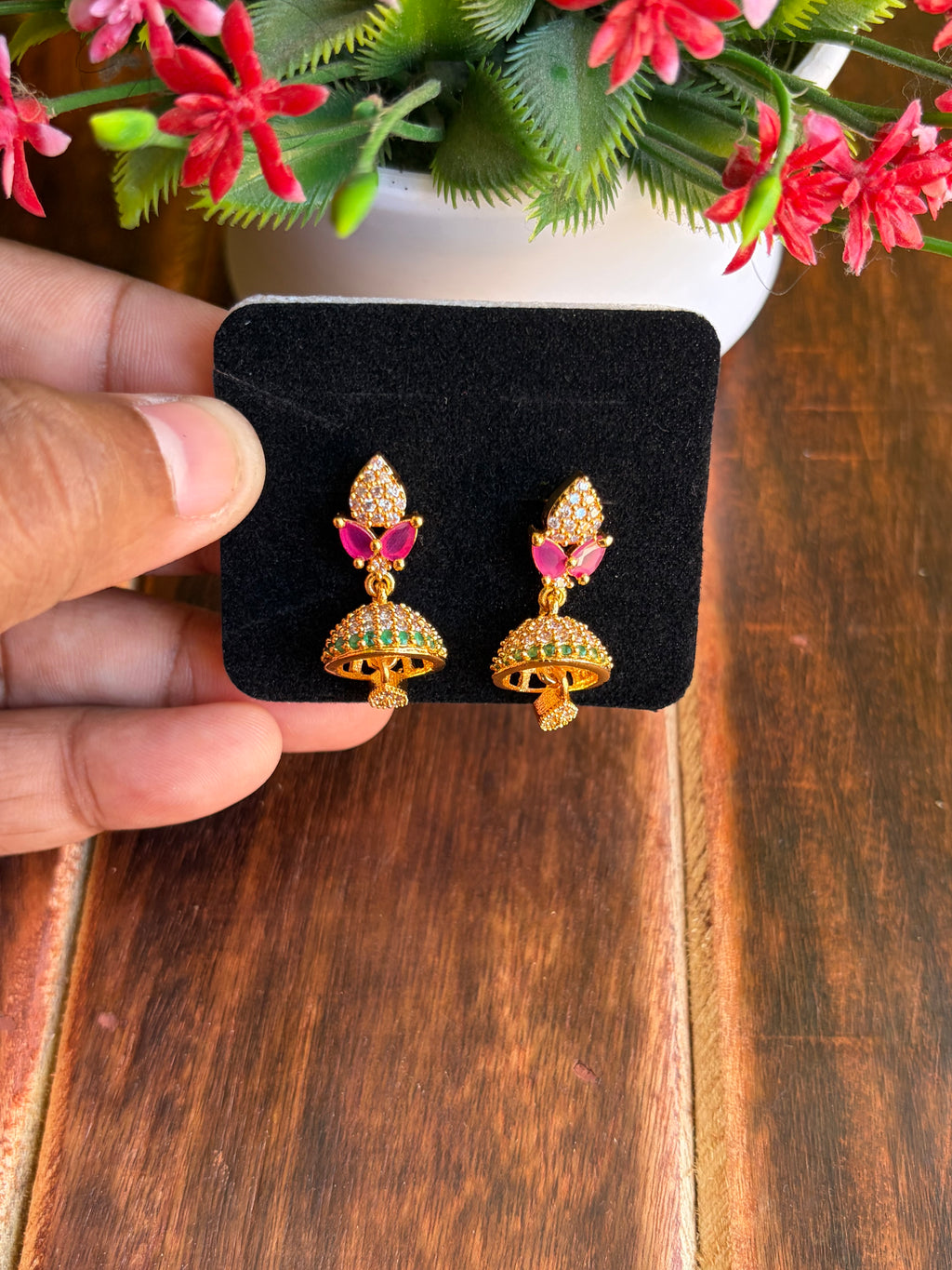 Elegant Pink & Green Stone Jhumka Earrings