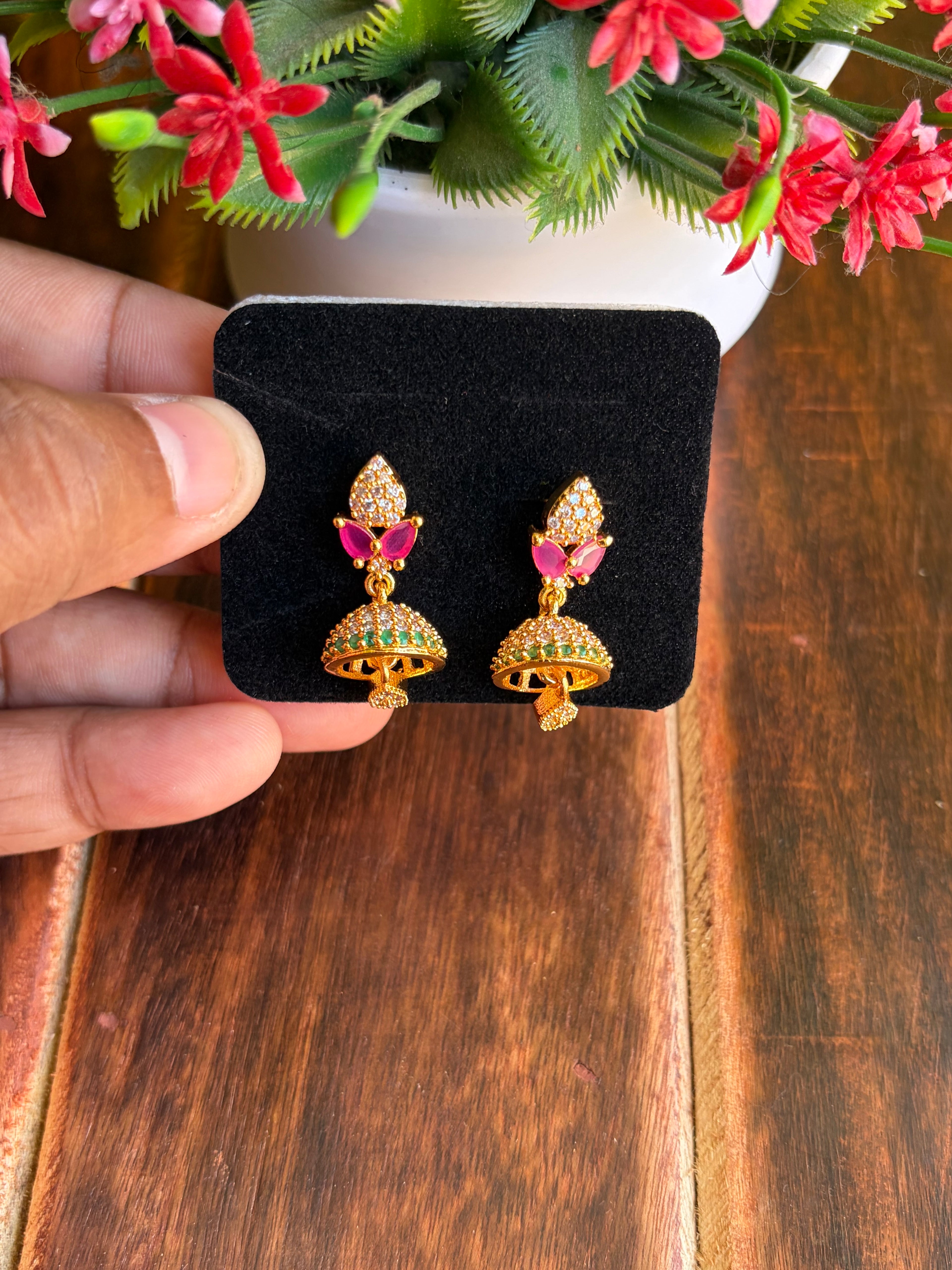 Elegant Pink & Green Stone Jhumka Earrings