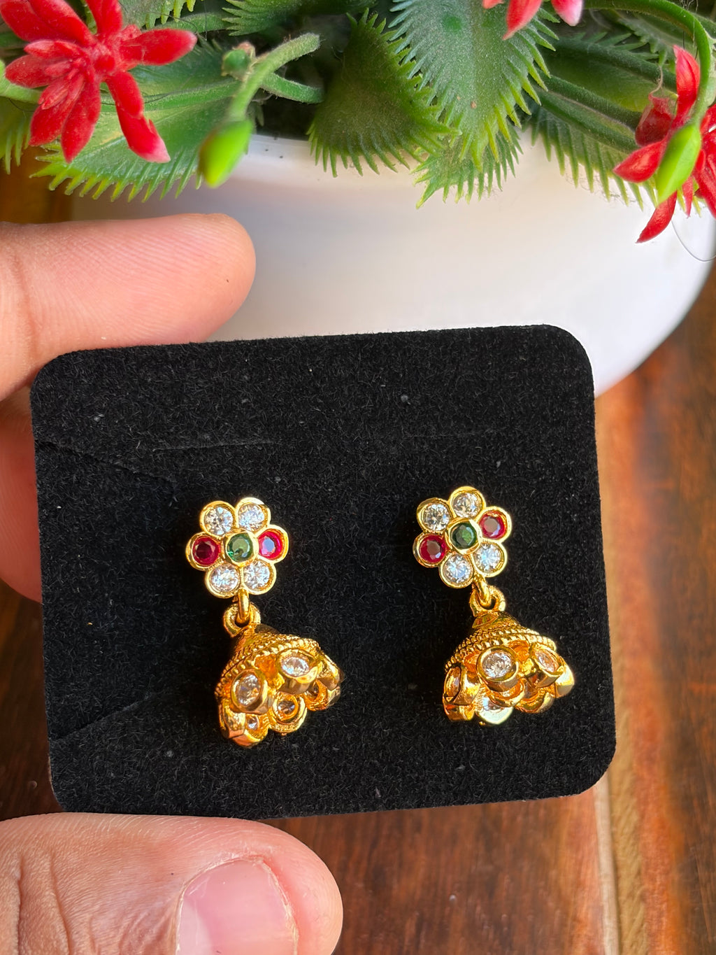 Antique Floral Jhumka Earrings with Navaratna Stones
