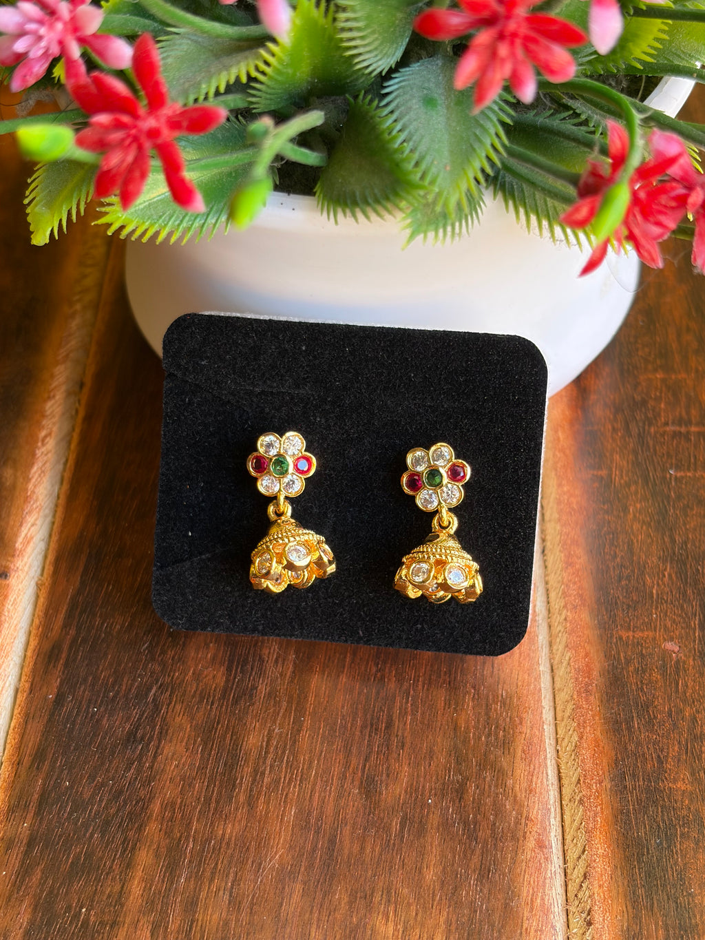 Antique Floral Jhumka Earrings with Navaratna Stones