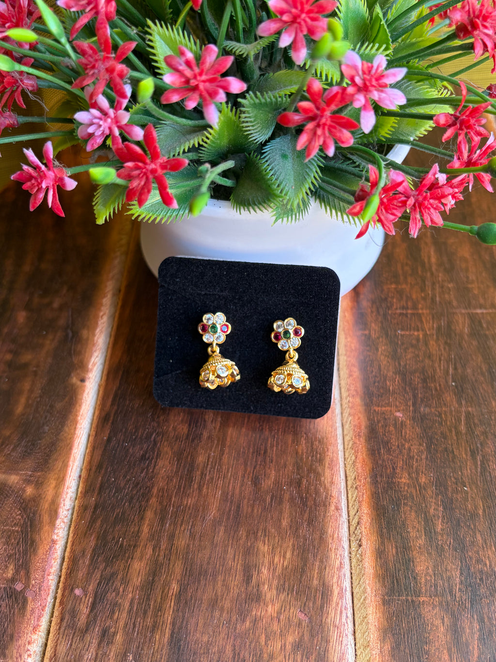 Antique Floral Jhumka Earrings with Navaratna Stones