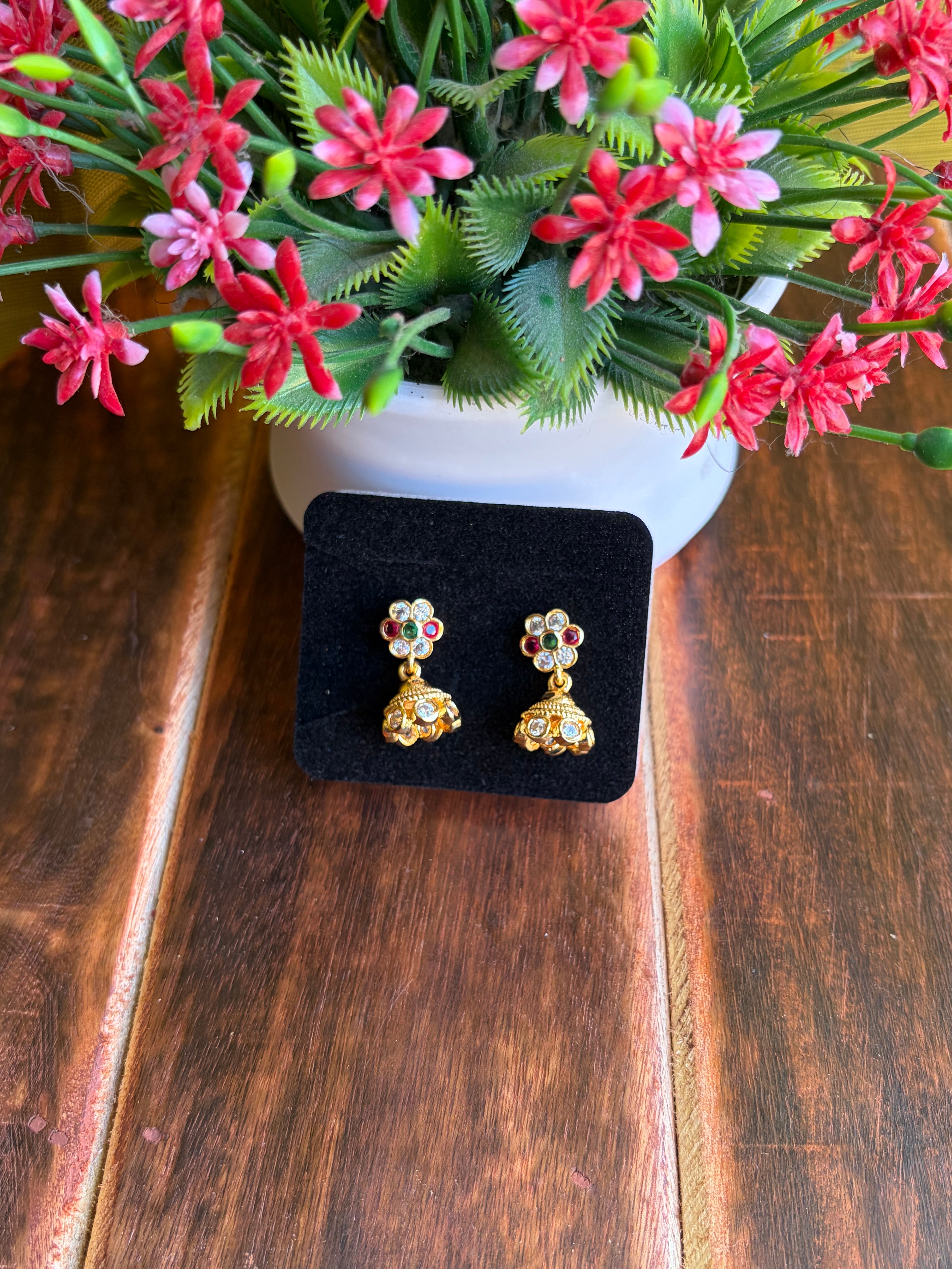 Antique Floral Jhumka Earrings with Navaratna Stones