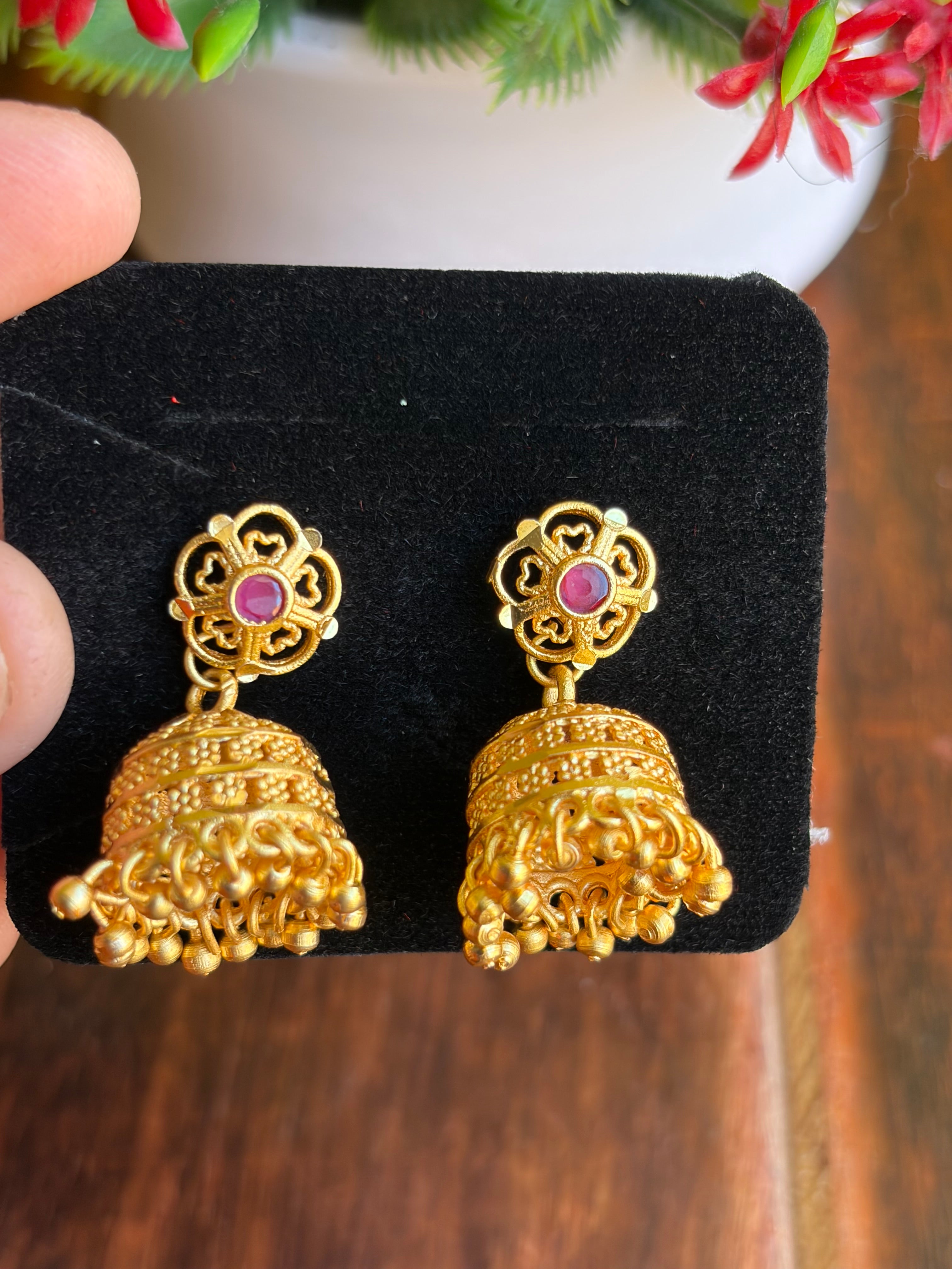 Royal Temple Jhumka Earrings with Ruby Stone