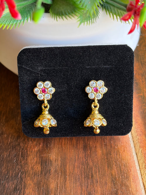 Crystal Bloom Jhumka Earrings with Ruby Accent