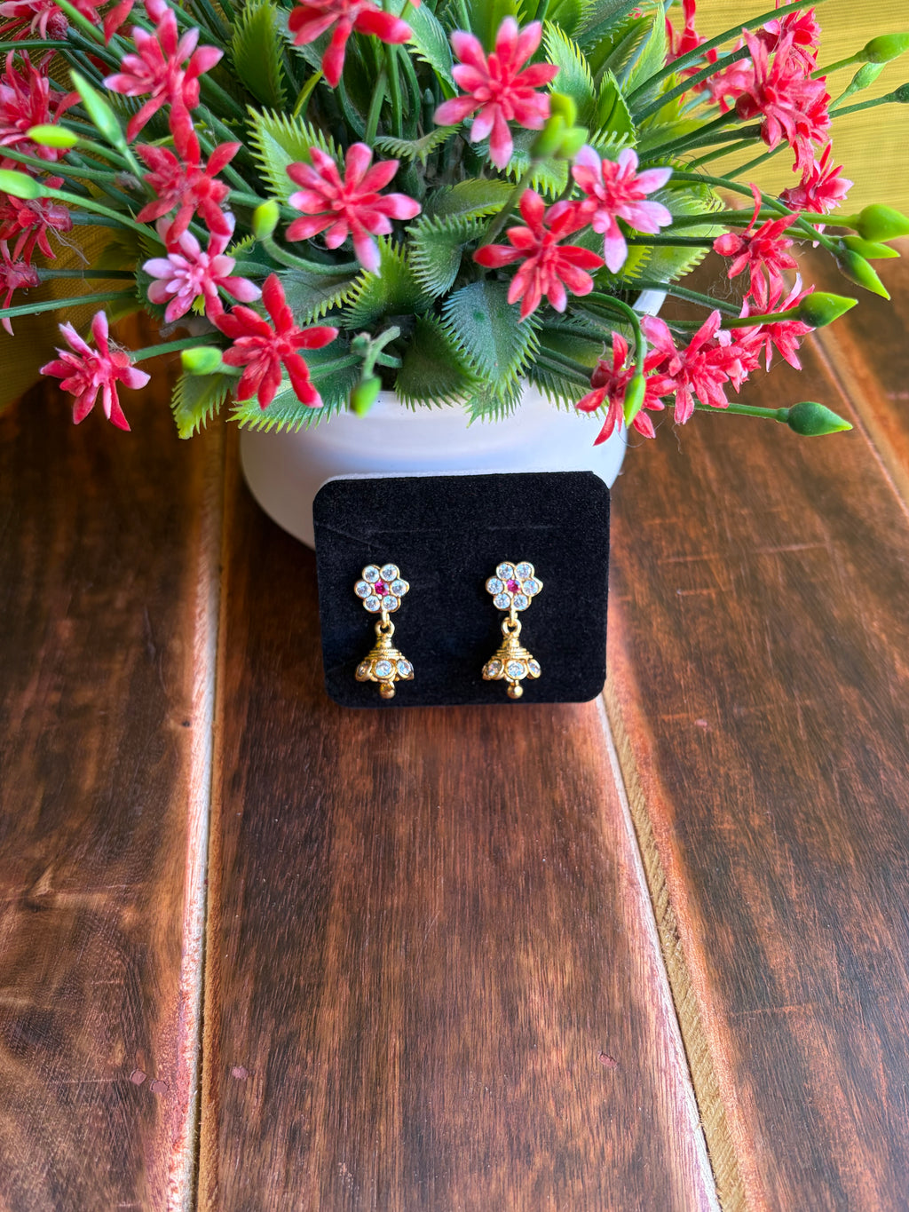 Crystal Bloom Jhumka Earrings with Ruby Accent
