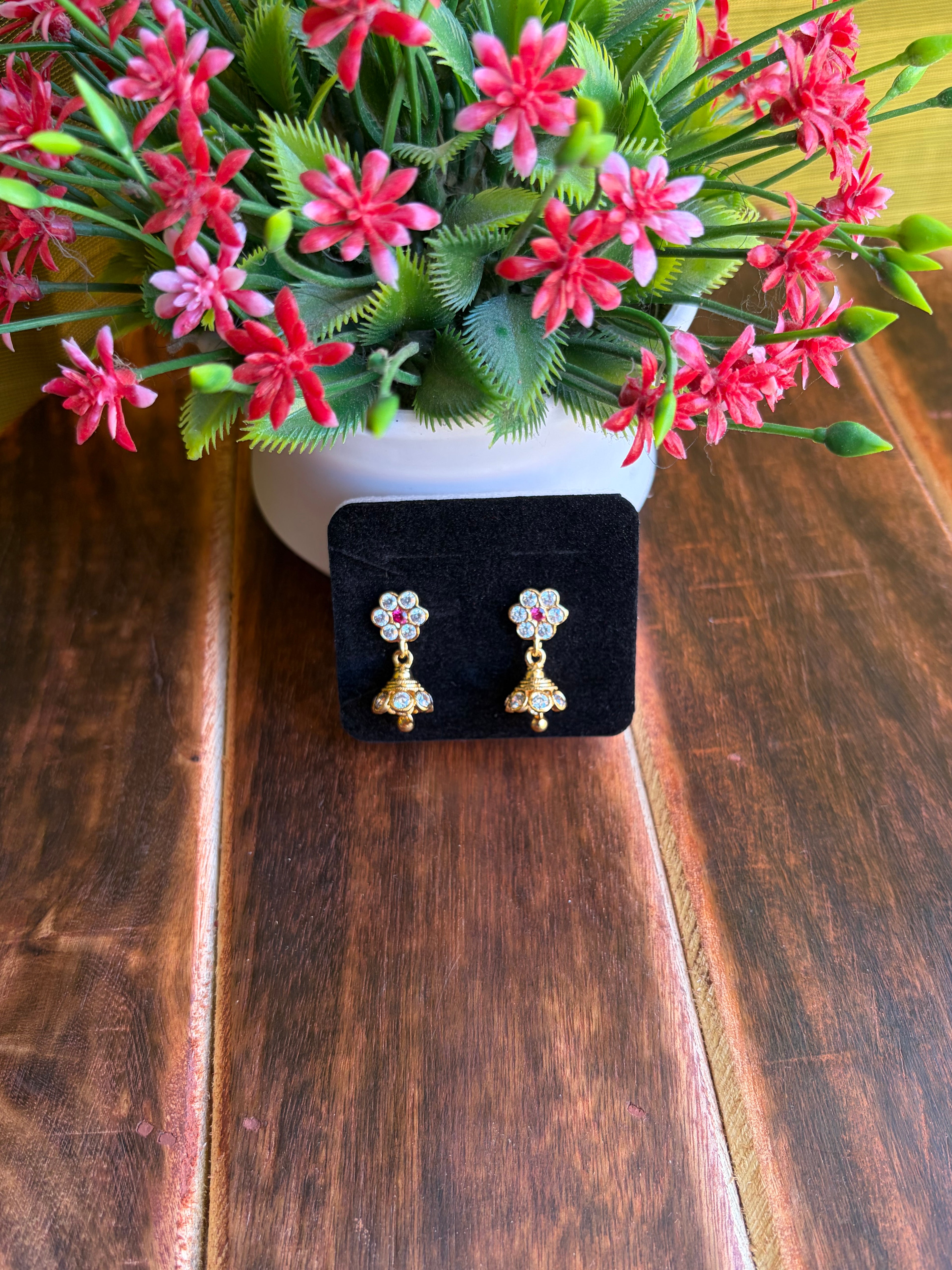 Crystal Bloom Jhumka Earrings with Ruby Accent