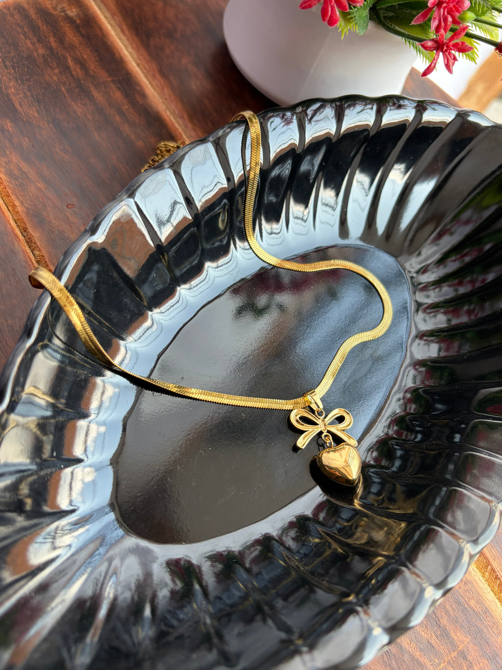 Korean Bow Heart Drop Anti-Tarnish Chain