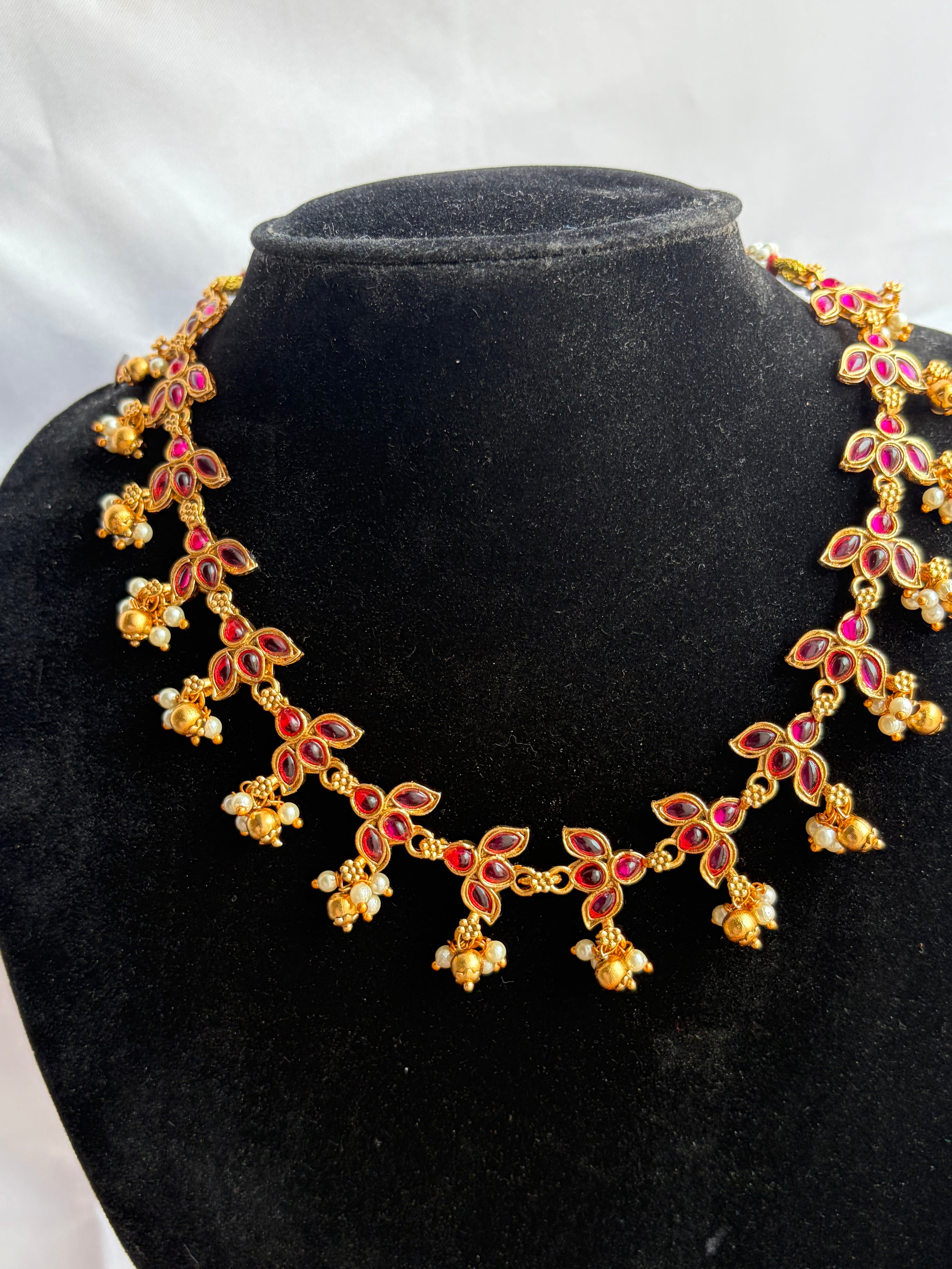 Emerald Ruby Floral Pearl Drop Neckalce