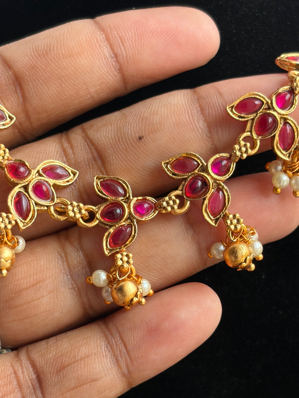 Emerald Ruby Floral Pearl Drop Neckalce
