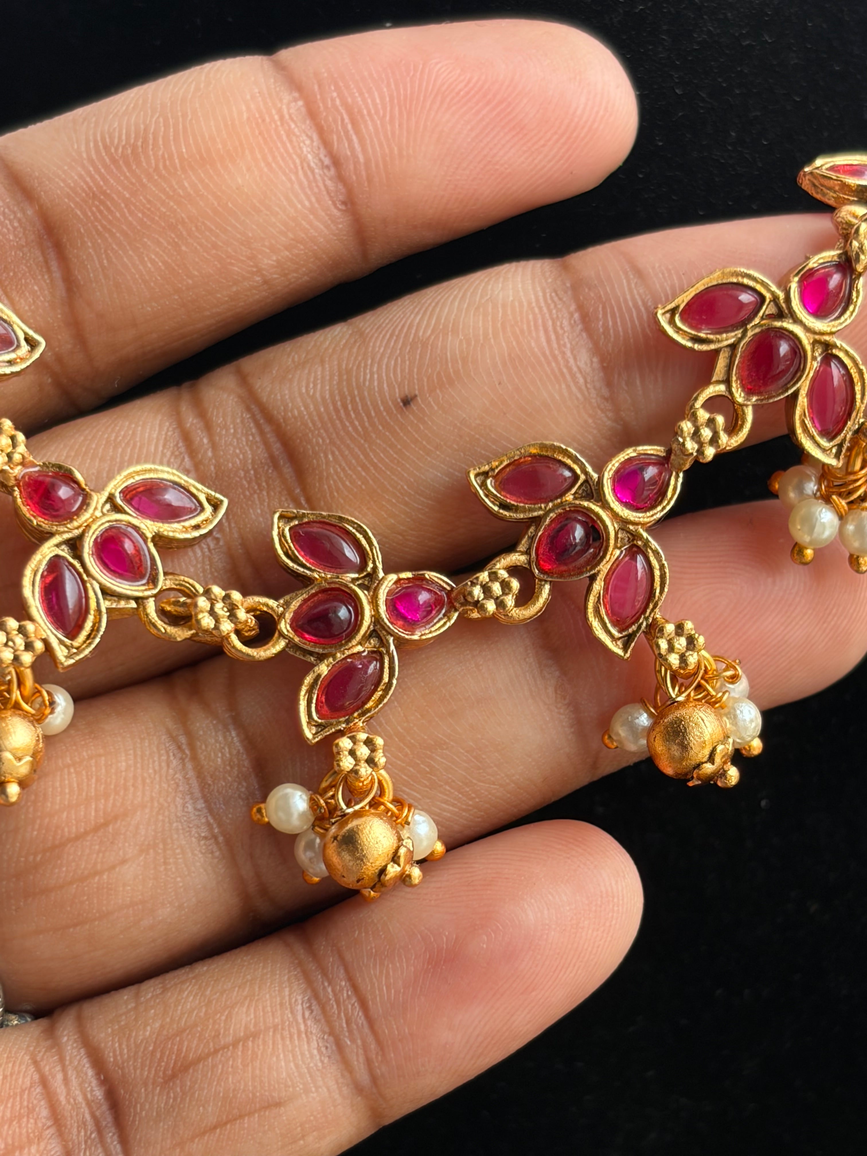 Emerald Ruby Floral Pearl Drop Neckalce