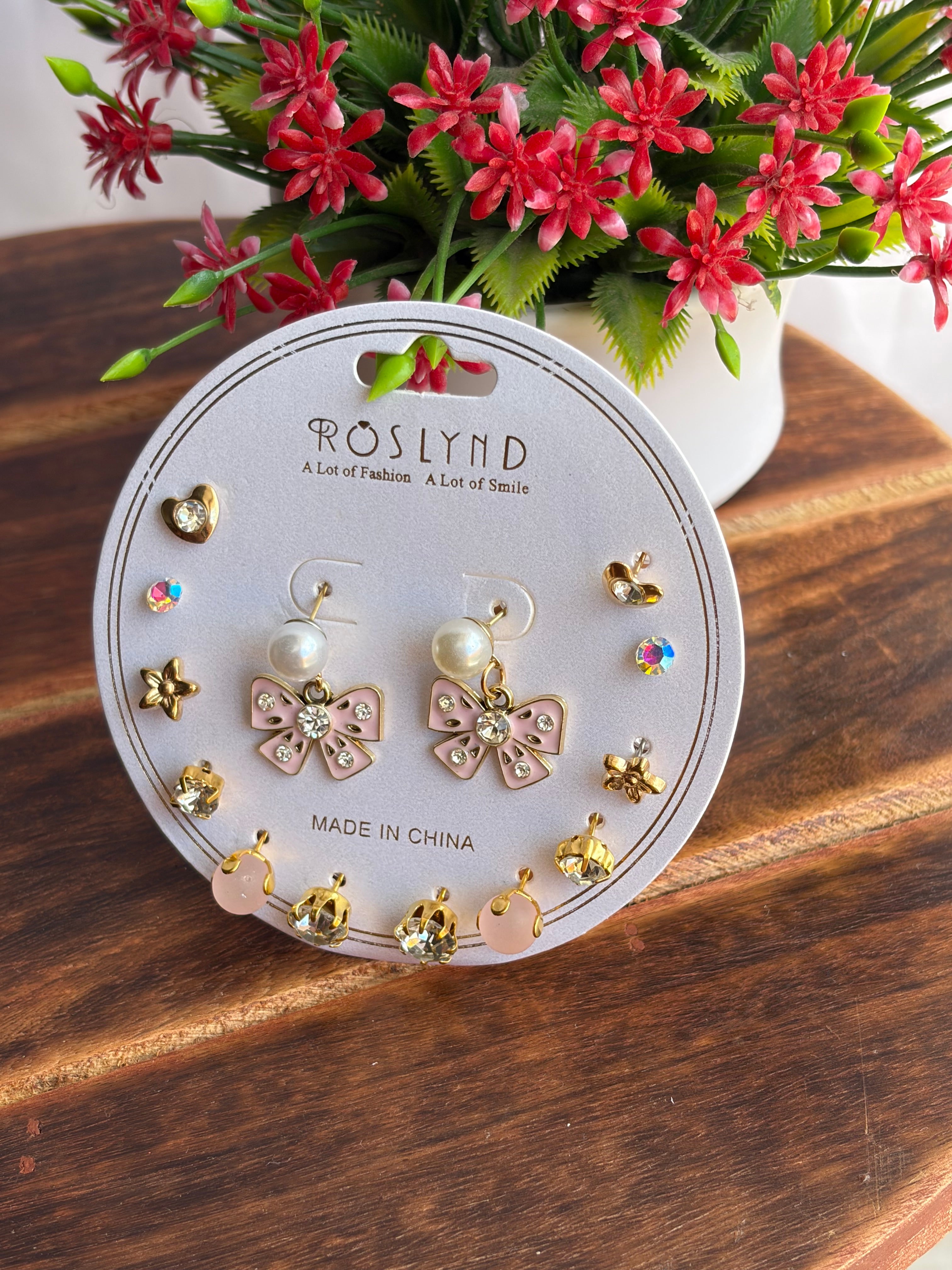 Pearl Bow Korean Earrings Combo Set