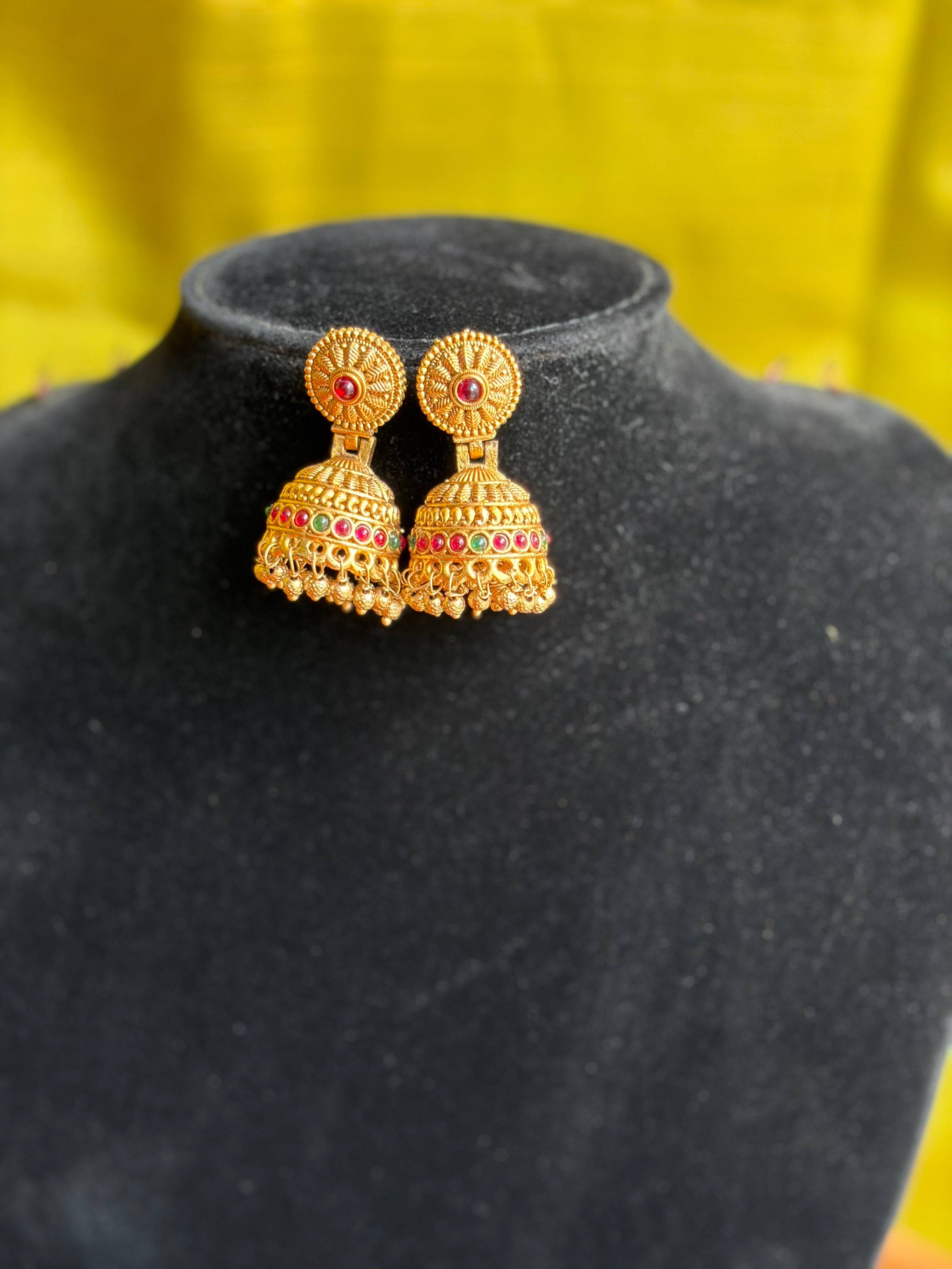 Royal Antique Temple Necklace Set with Jhumka Earrings