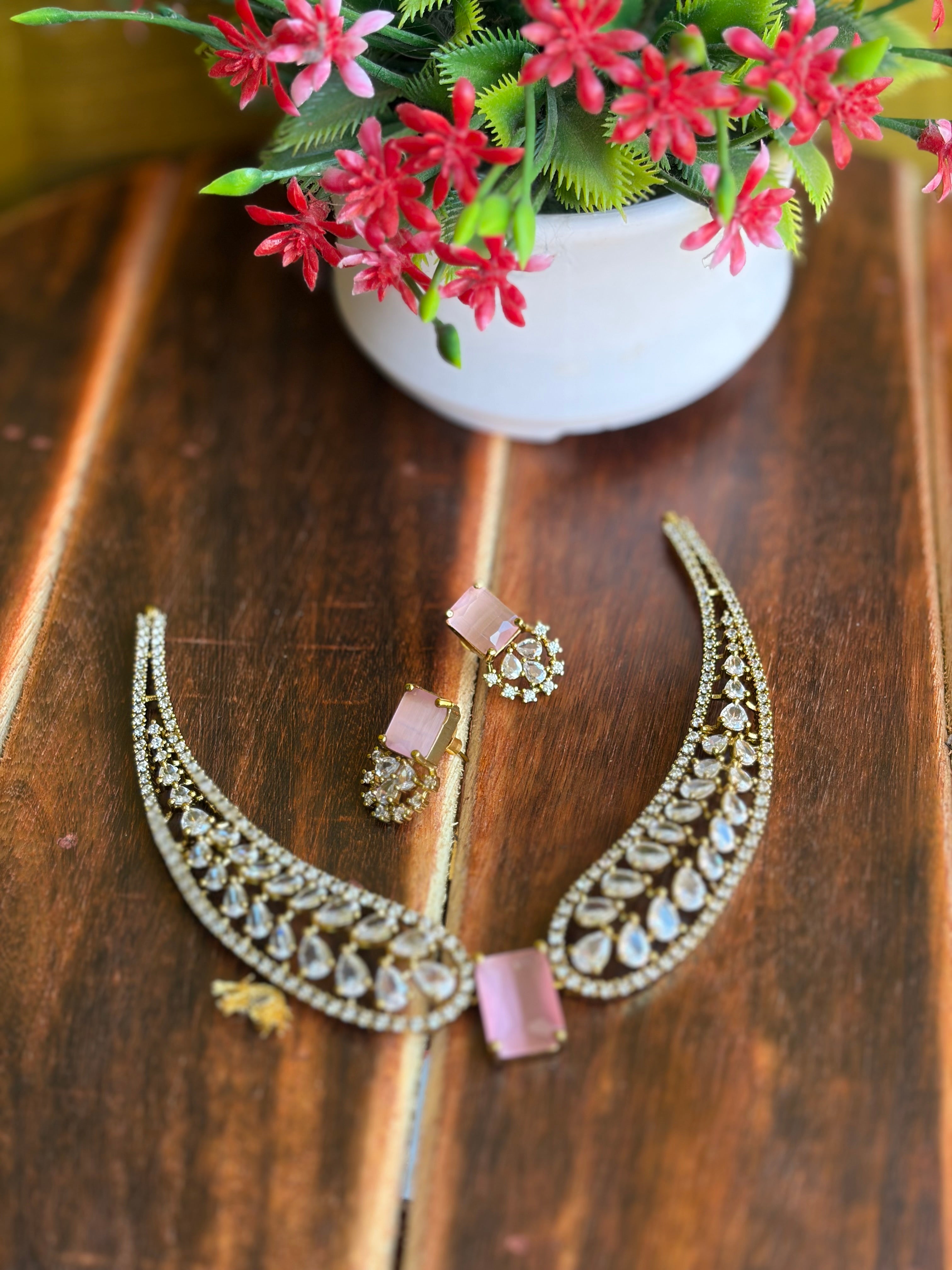 Blush Pink Crystal Royal Choker Necklace Set