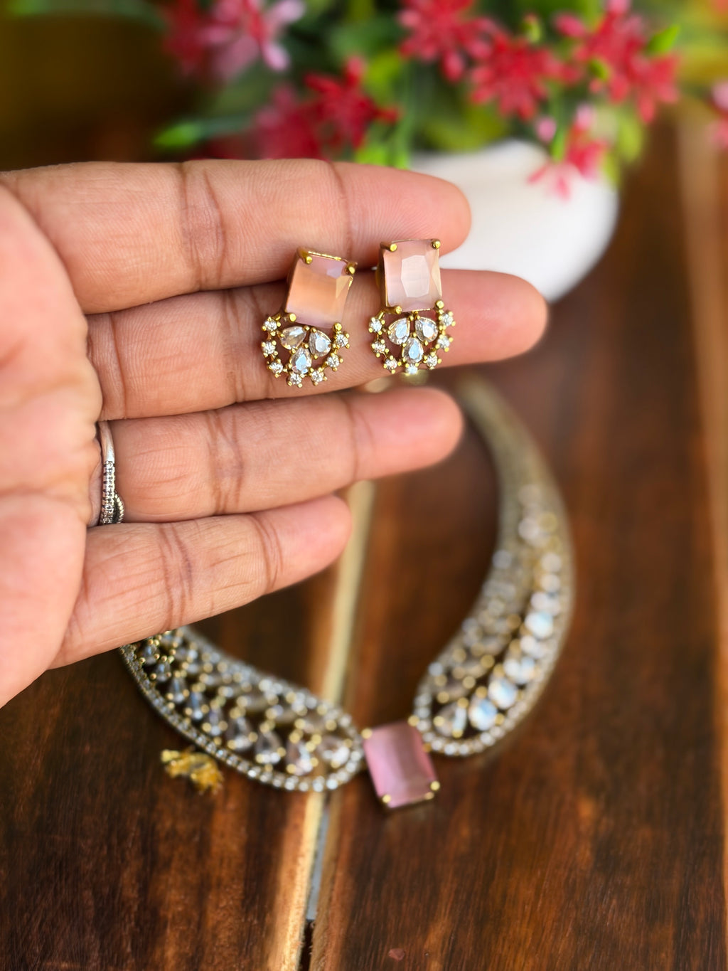Blush Pink Crystal Royal Choker Necklace Set