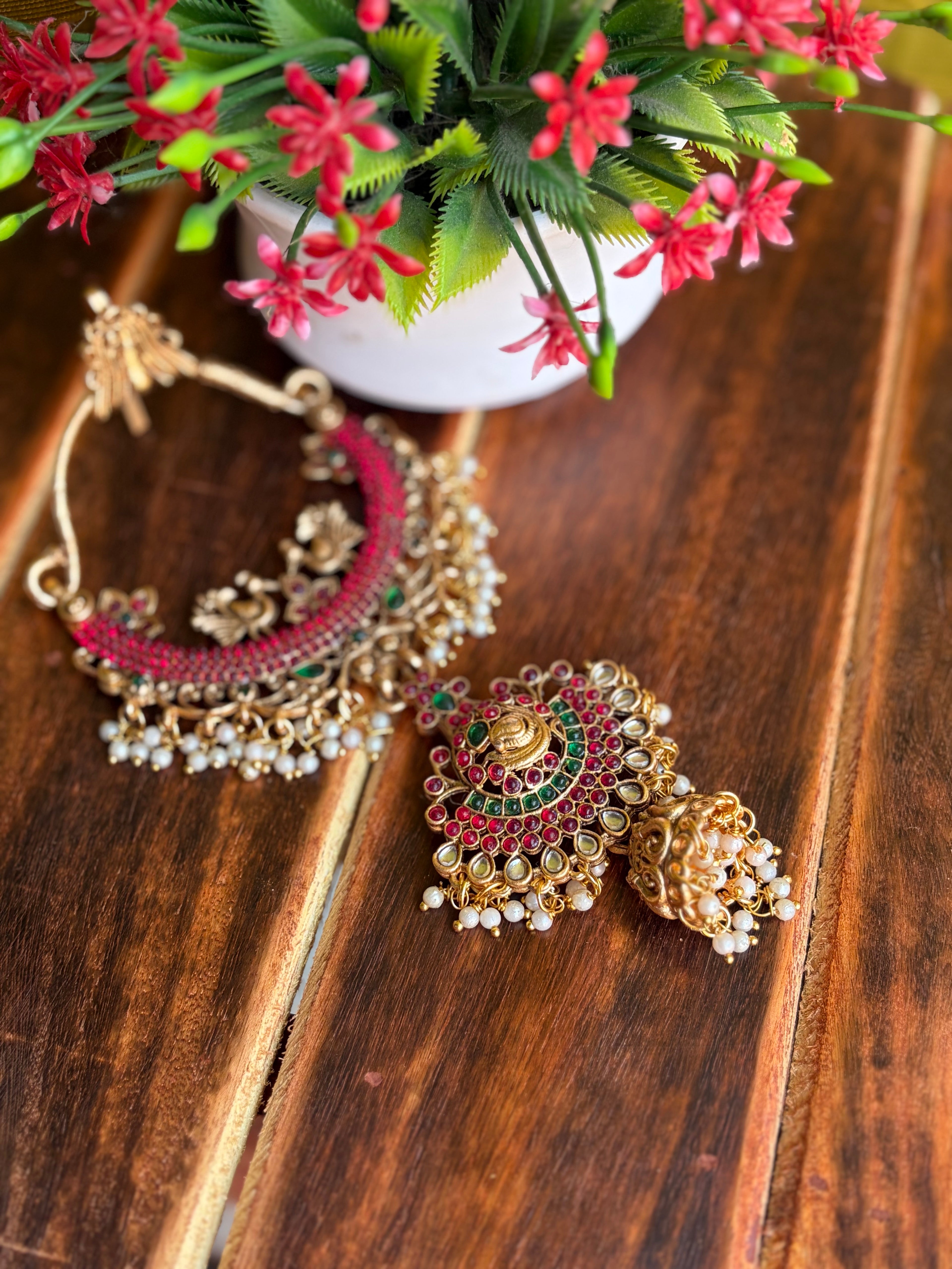 Antique Lakshmi Temple Jadai Billa with Ruby & Emerald Stones