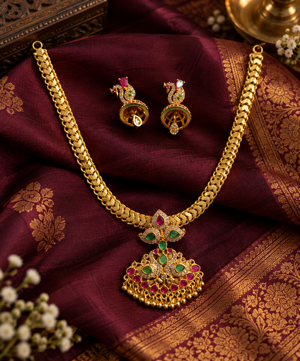 Maragatha Rathina Necklace Set – Emerald & Ruby Traditional Jewellery