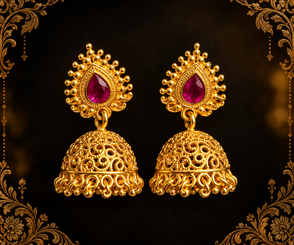 Manikka Valli Ruby Stone Gold Finish Jhumka ❤️