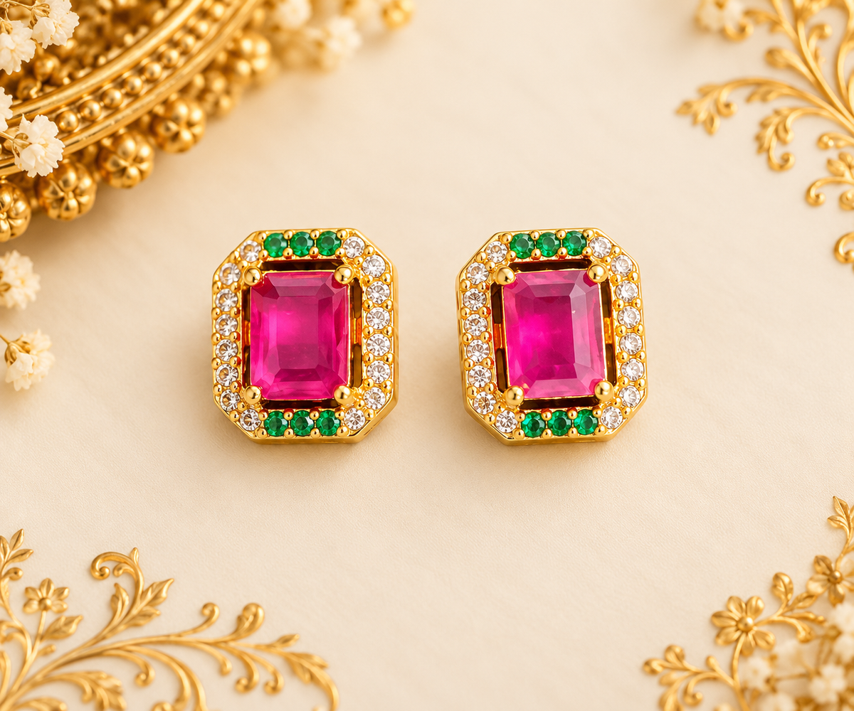 Rathna Valli Ruby Green Stone Gold Finish Earrings 💚💗