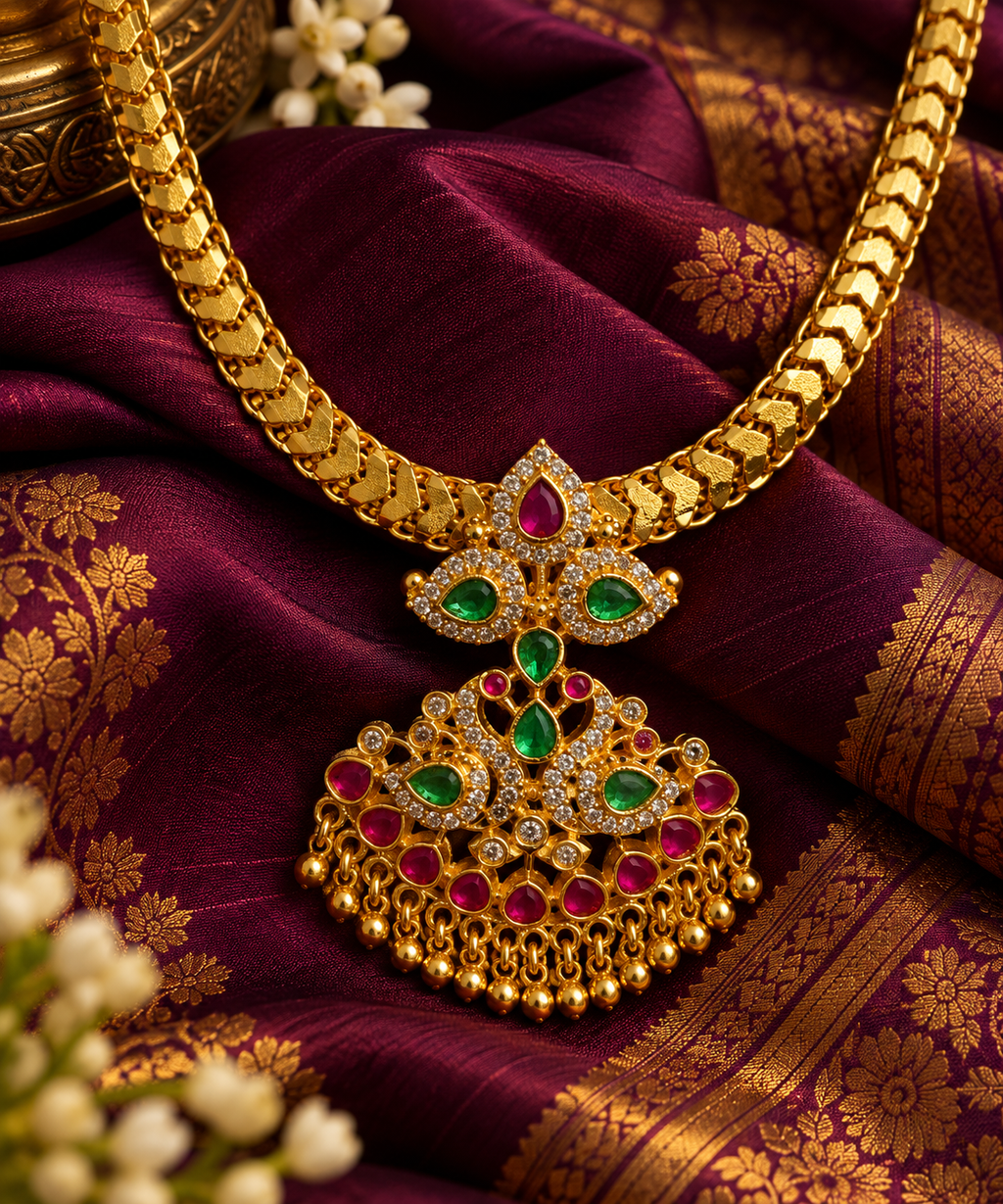 Maragatha Rathina Necklace Set – Emerald & Ruby Traditional Jewellery
